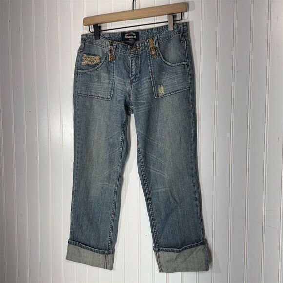 Y2K Squeeze Capri Jeans Patchwork Lace Trim Low Rise Cuffed Hem Size 7 McBling - Picture 1 of 6